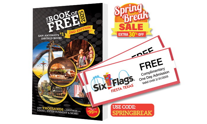 2025 Book of Free with 2 Six Flags Fiesta Texas Tickets
